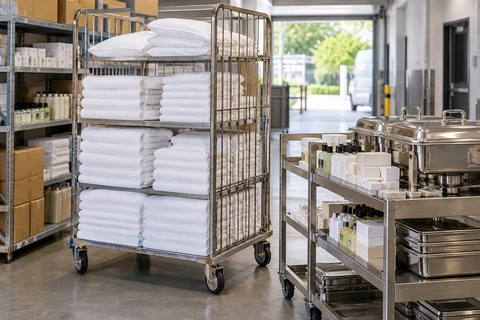 Fresh folded white hotel linen in a clean wheeled linen cage, boxed guest toiletries and stainless catering serving trays in a hotel's tidy service receiving area.