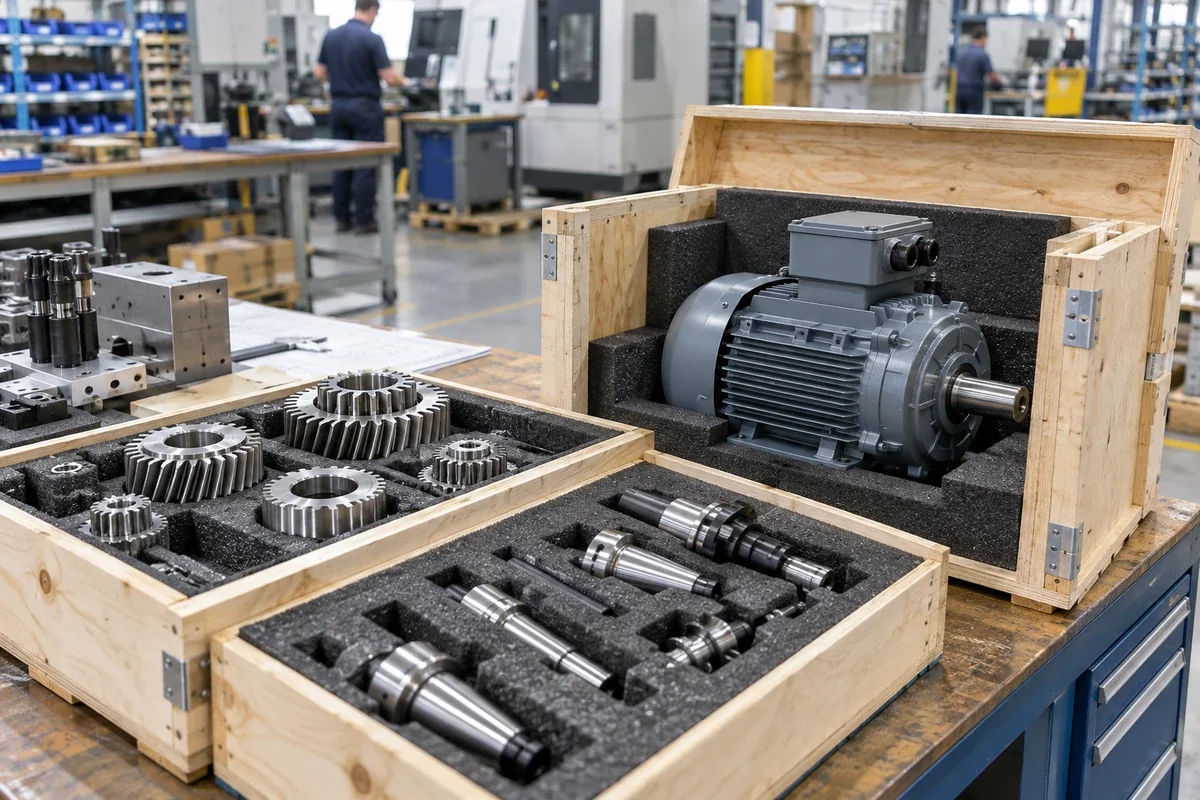 Precision machined metal gears, CNC tooling and a replacement industrial motor, protected in fitted foam and an open wooden shipping crate at a modern factory dispatch bench.