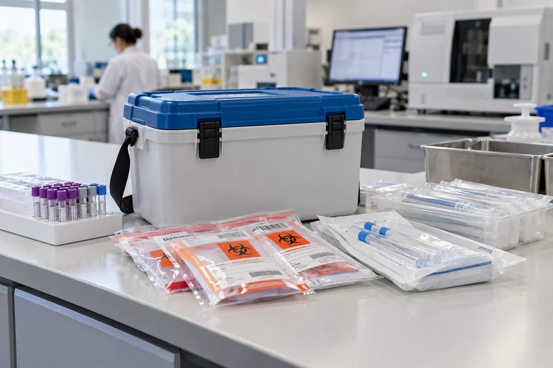 Insulated medical transport case beside sample tubes and sealed clinical supplies in a laboratory