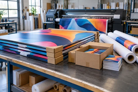 Large neatly edge-protected printed display panels with abstract colour graphics, rolled vinyl and boxed brochures at a large-format print workshop dispatch bench
