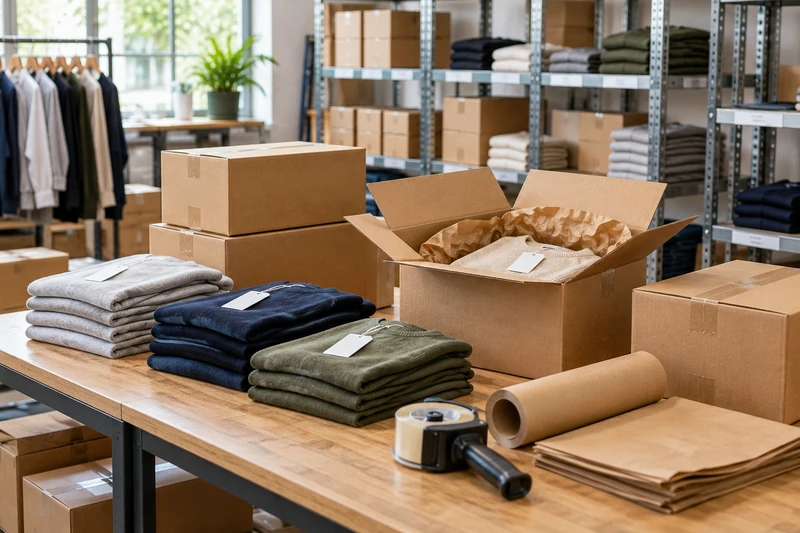Retail stock, clothing and packing materials organised for customer dispatch