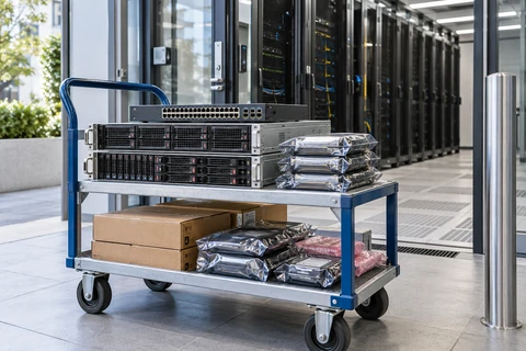 Rackmount server, network switch with distinct ethernet ports, protected drives and antistatic packaging on a dispatch trolley beside a modern data centre entrance.