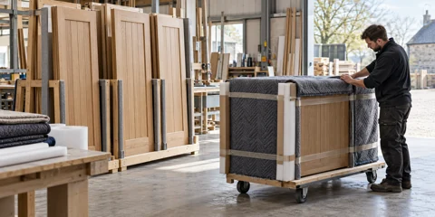 Protected doors and a wrapped cabinet at an illustrative joinery dispatch area