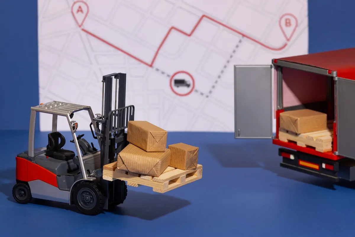 Pallet being wrapped and prepared for courier transport