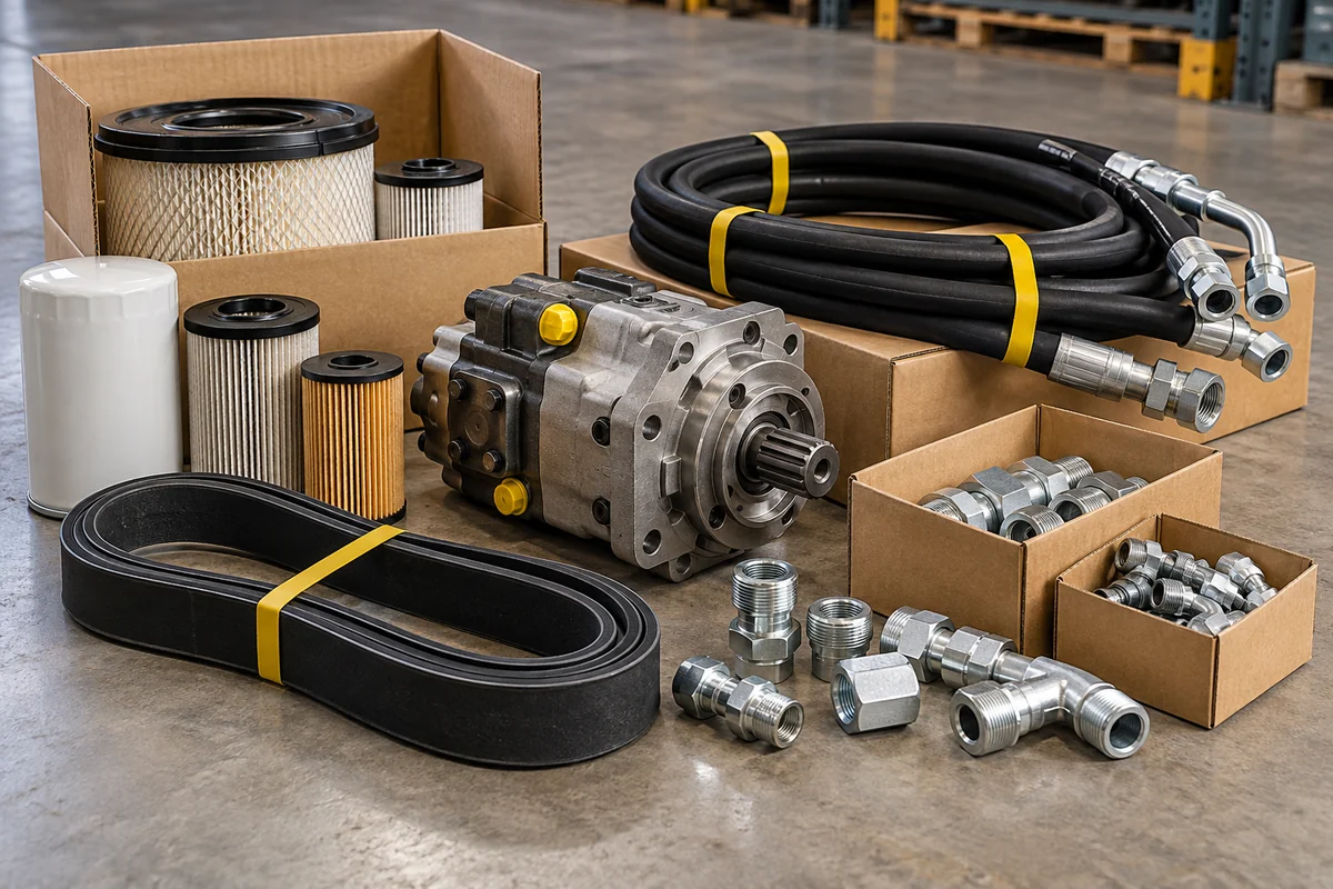 Tractor replacement parts, Hydraulic hoses & drive belts, Packed pumps & fittings — illustrative goods photograph