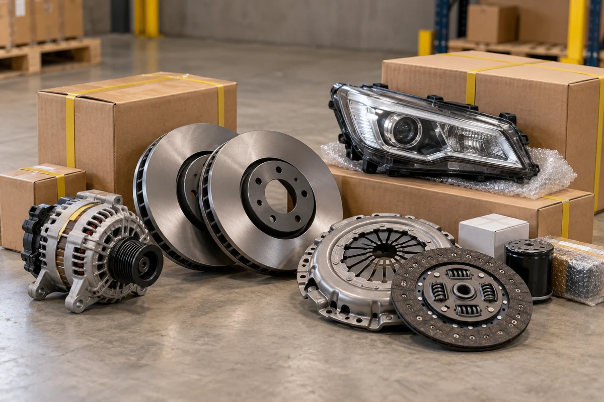 Alternators & starter motors, Brake discs & clutch parts, Boxed vehicle lamps — illustrative goods photograph
