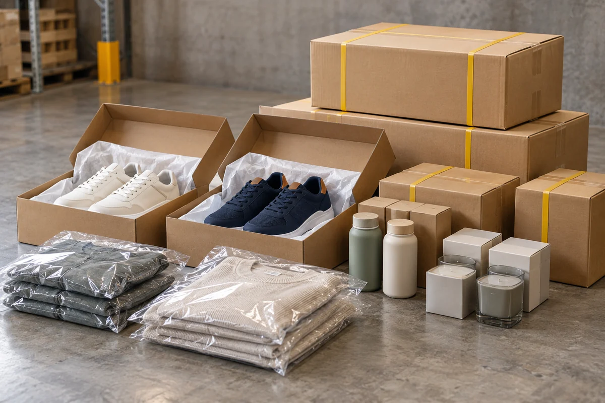 Boxed retail products, Packed clothing & shoes, Shop display goods — illustrative goods photograph