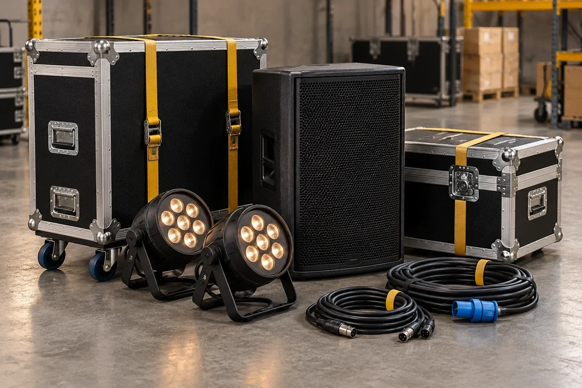 Flight cases & speakers, Lighting & AV equipment, Exhibition stands — illustrative goods photograph