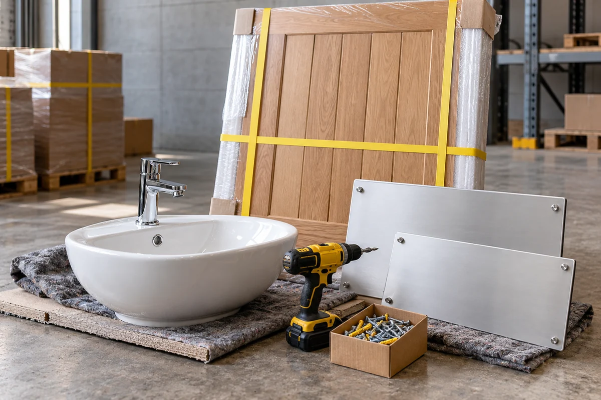 Signs & display panels, Doors & joinery, Sanitary ware & fixtures — illustrative goods photograph