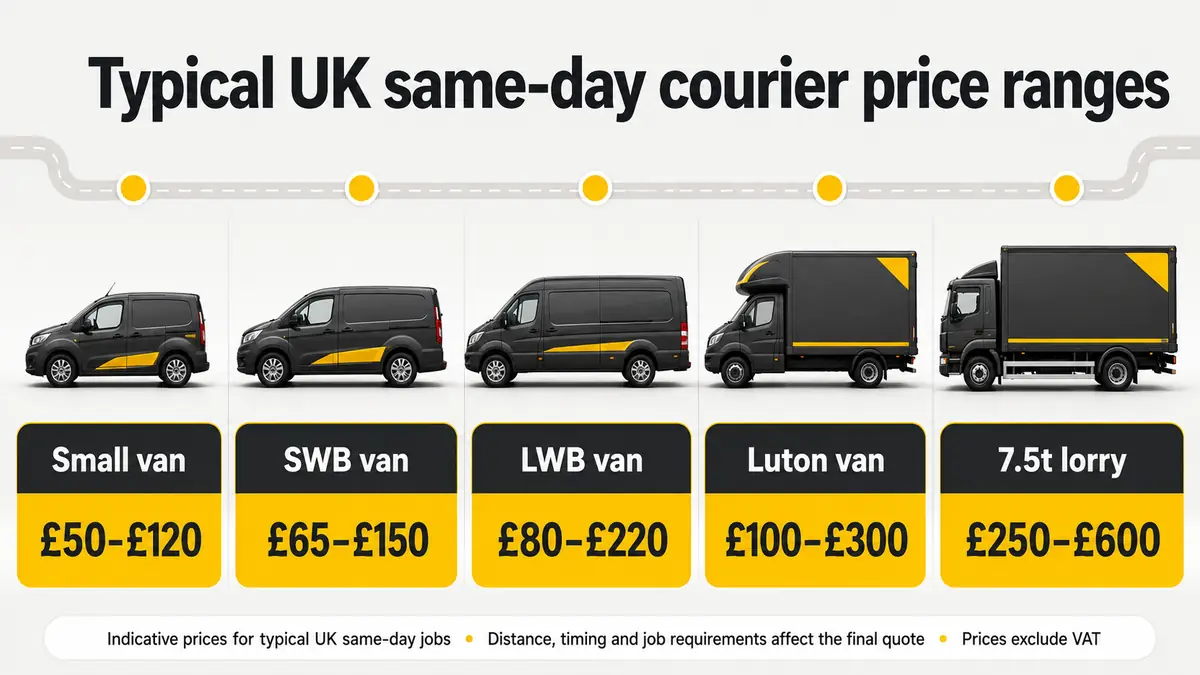 Typical same day courier cost ranges by vehicle size