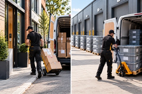 Couriers completing a scheduled business delivery and warehouse collection