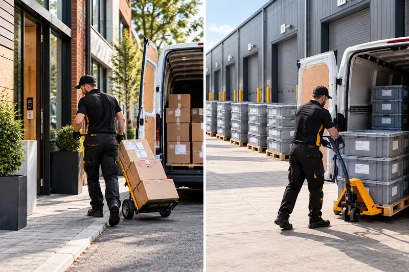 Couriers completing a business delivery and a scheduled warehouse collection