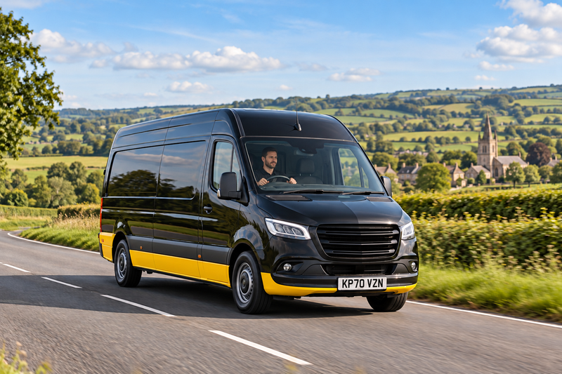Black and yellow courier van with a visible driver and UK registration plate on a British countryside road