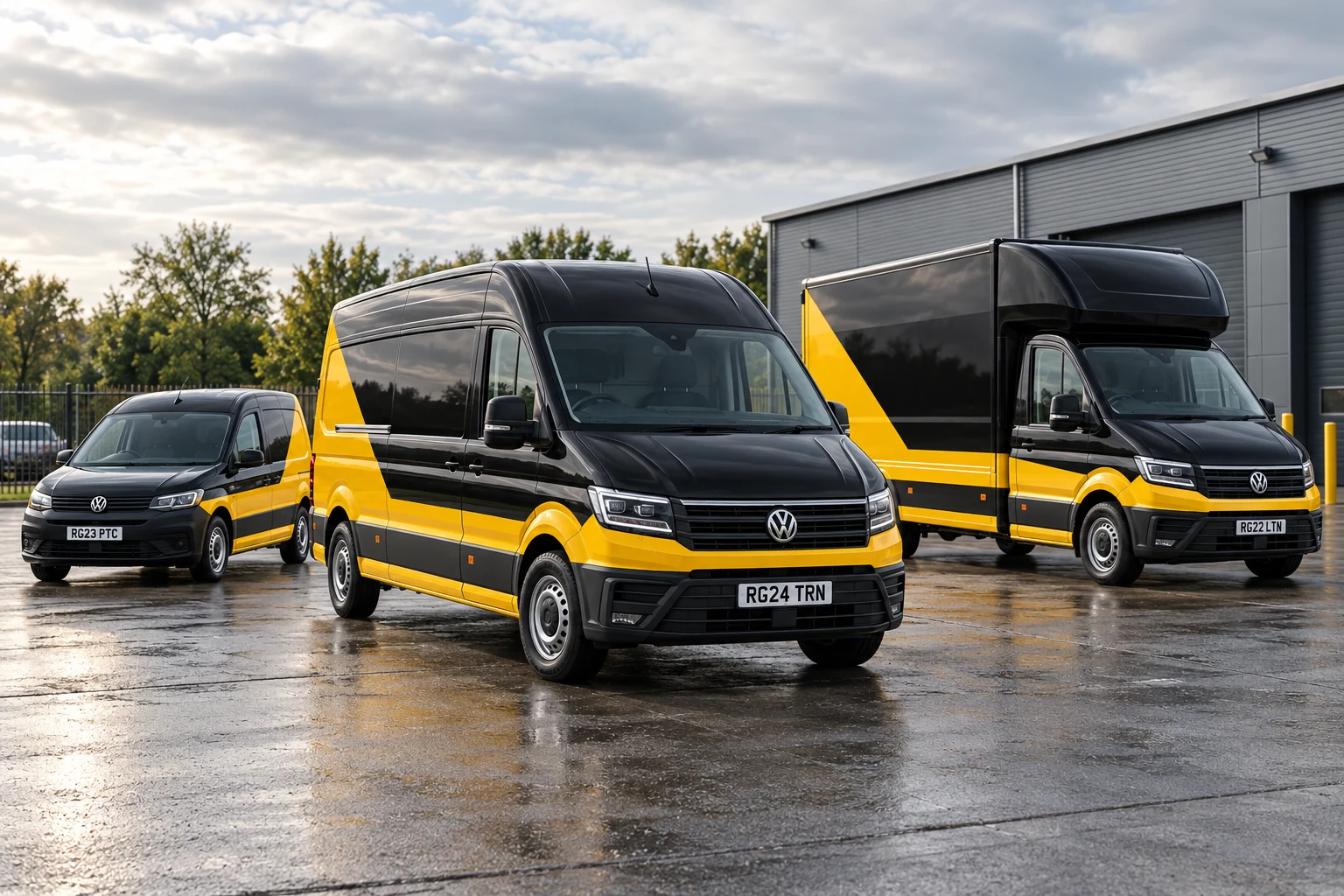 Illustrative black and yellow courier fleet with a compact van, large panel van and Luton van displaying UK registration plates at a depot