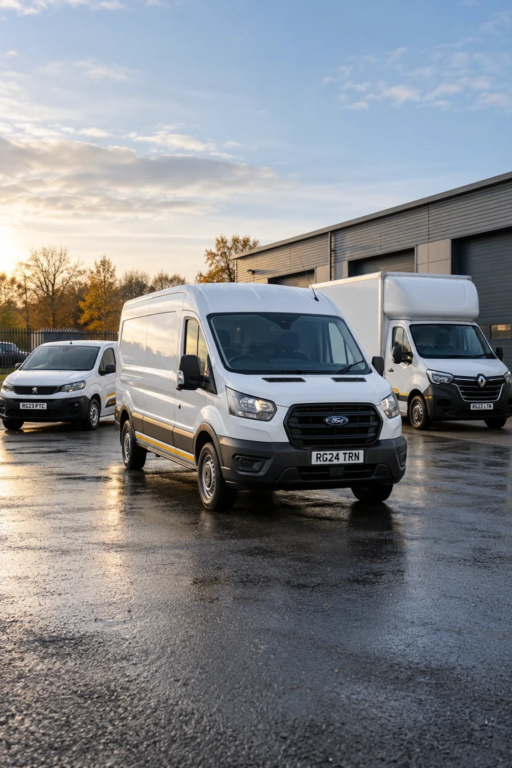 Illustrative UK courier fleet with white panel vans and a Luton van carrying UK registration plates at a logistics yard