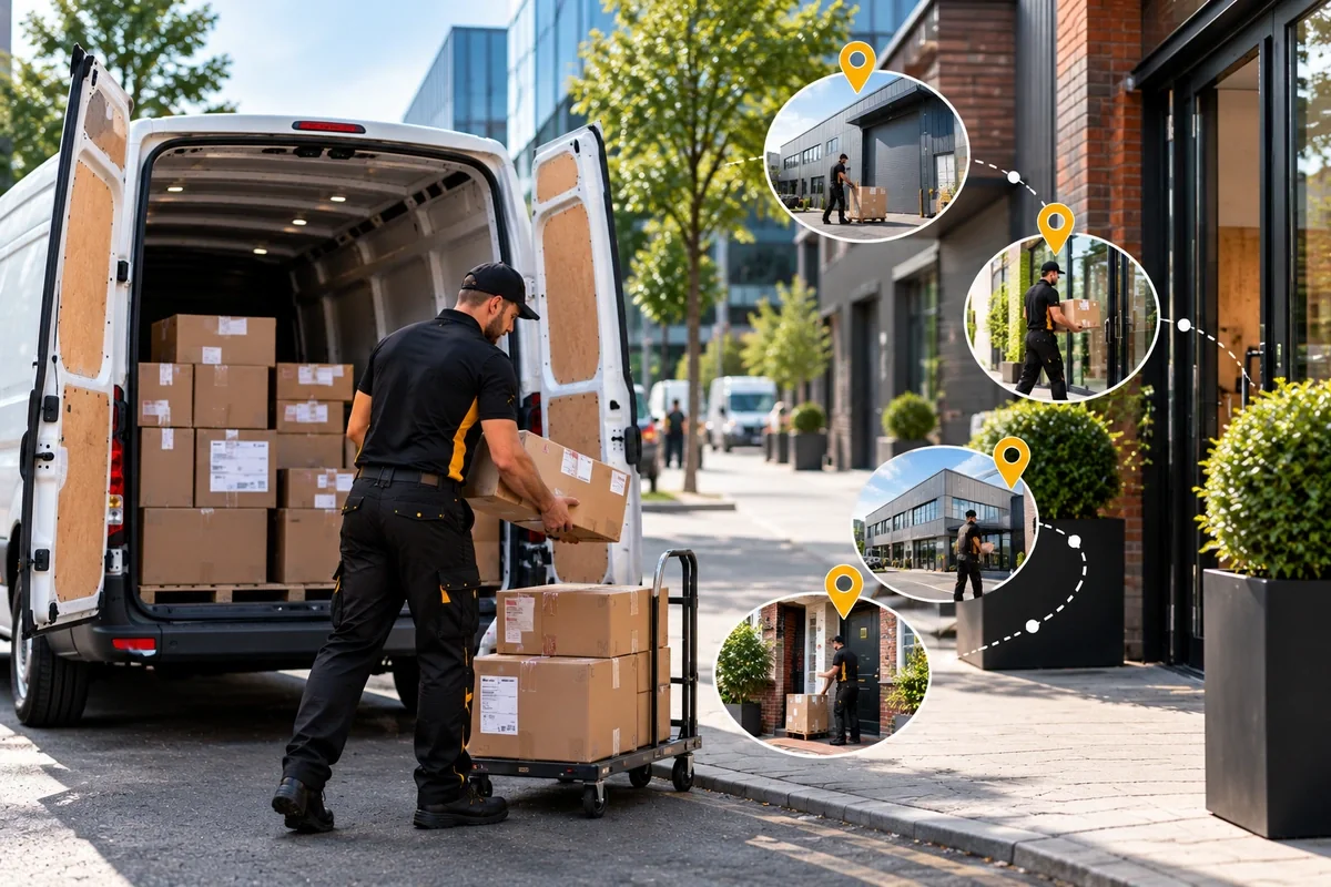 Courier completing several city deliveries on a planned multidrop route