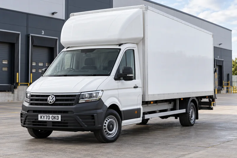 White Volkswagen Crafter Luton van with a UK registration plate at a depot